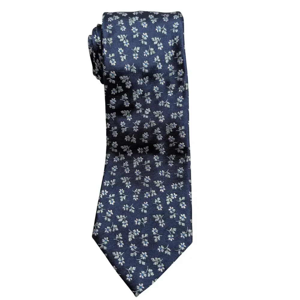 Paul Fredrick 100% Silk Men's Neck Tie Navy Blue Silver Floral Hand Made Italy